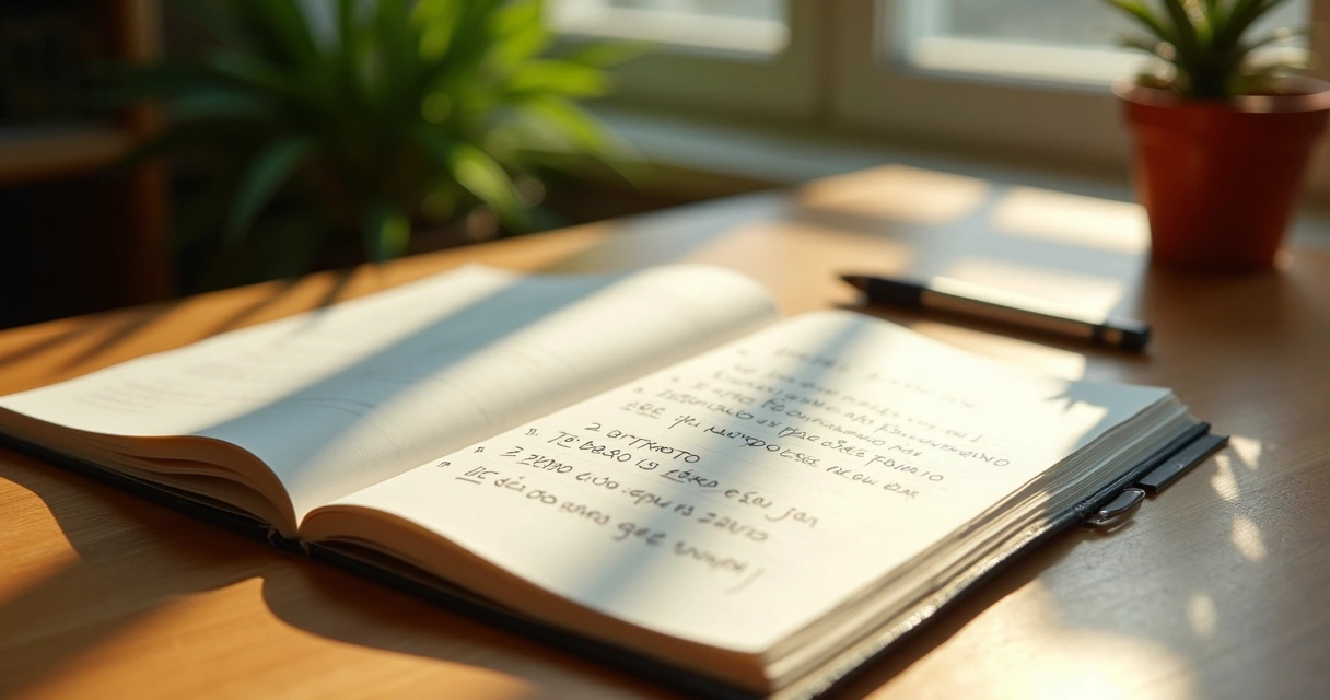 Caderno aberto em uma mesa de madeira com anotações de perguntas escritas à mão 