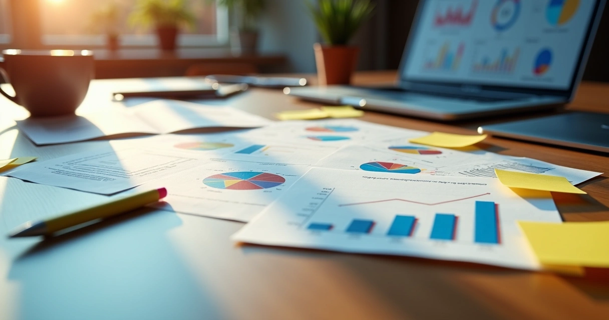 Mesa de trabalho com anotações e gráficos de análise de pesquisa 