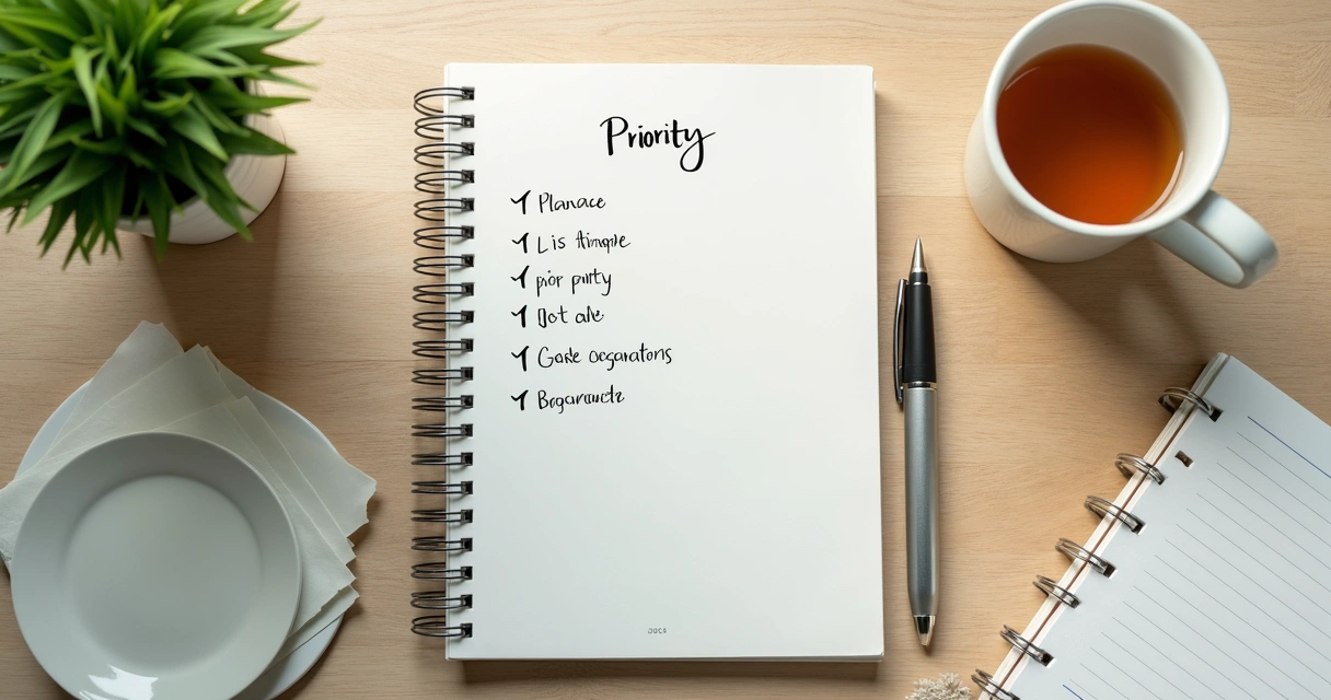 Caderno com lista de prioridades e xícara sobre mesa clara