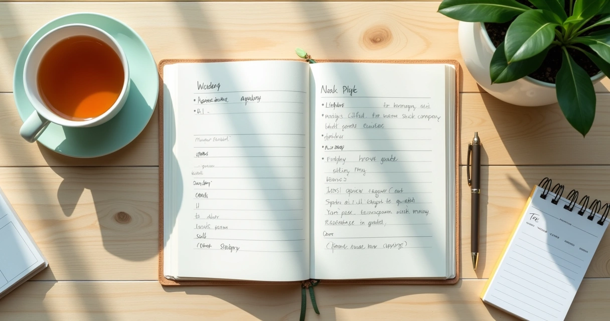 Caderno com anotações e planejamento calmo sobre mesa clara