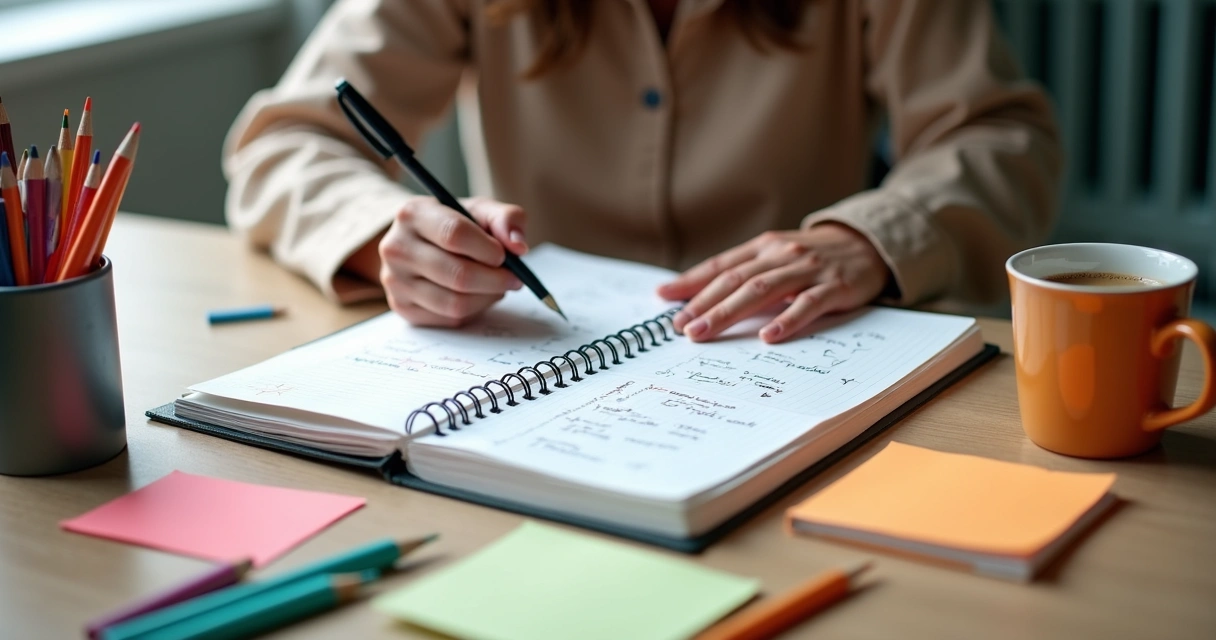 Pessoa escrevendo planos e metas em caderno aberto com materiais de escritório 