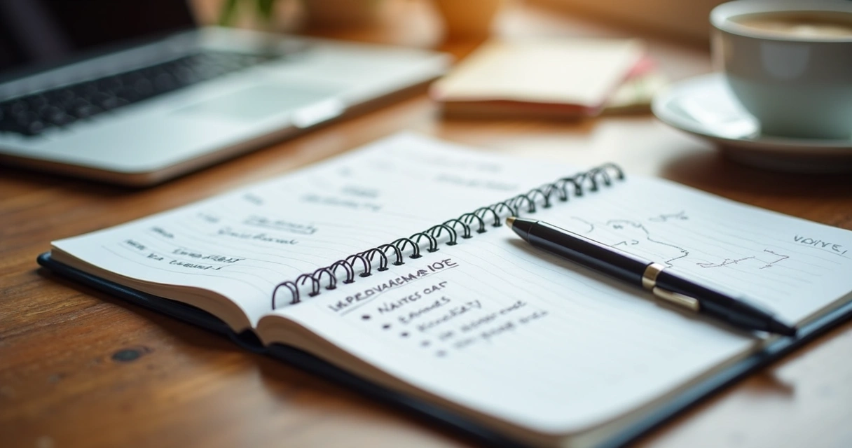 Caderno com plano de melhoria e metas após feedback