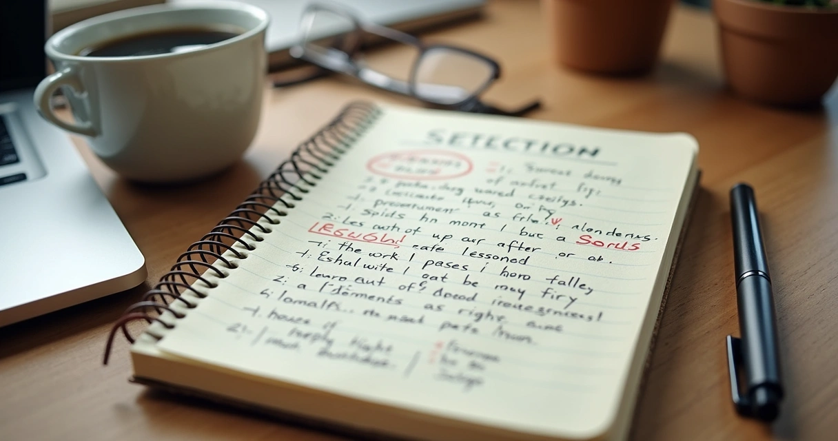 Caderno com anotações após um erro e café ao lado 