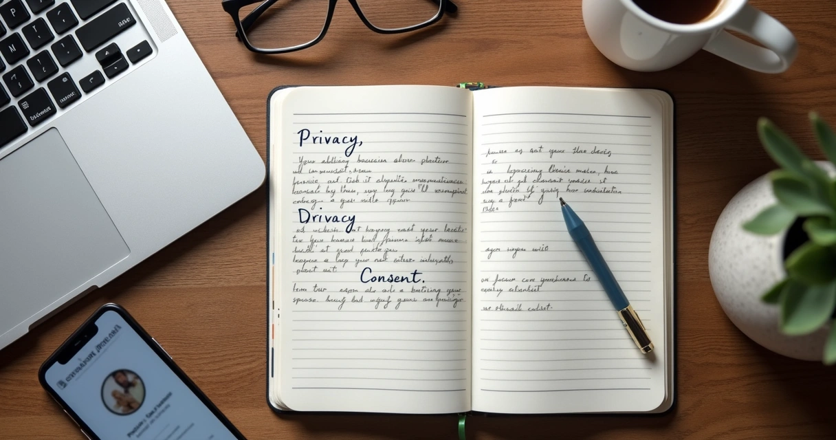 Caderno com notas sobre privacidade ao lado de celular e laptop 