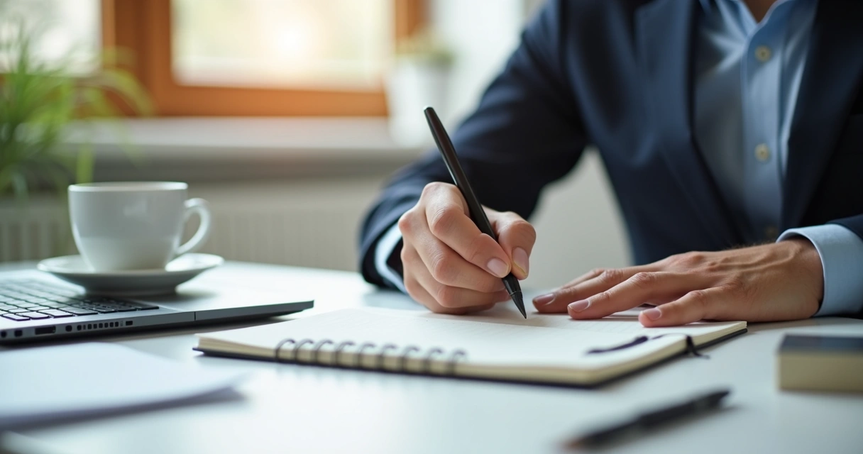 Pessoa fazendo anotações profissionais em caderno 