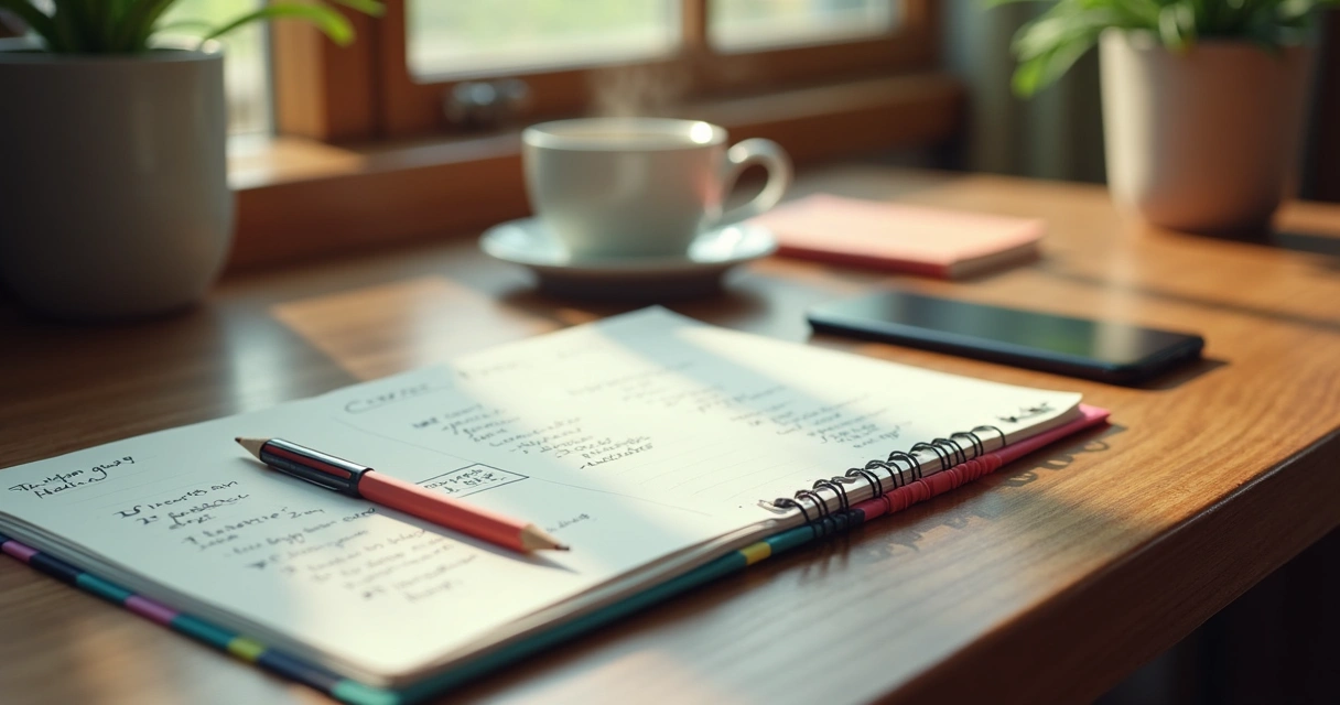 Mesa de trabalho com bloquinho de notas e celular lado a lado