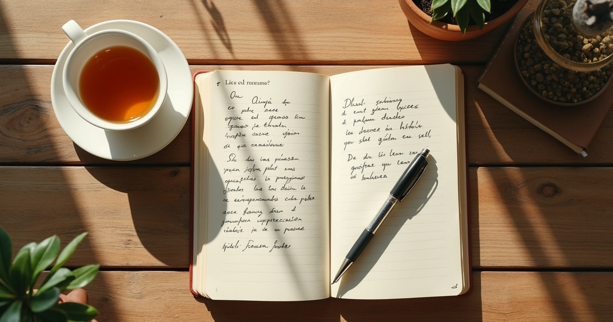 Caderno com anotações reflexivas ao lado de uma xícara de chá 