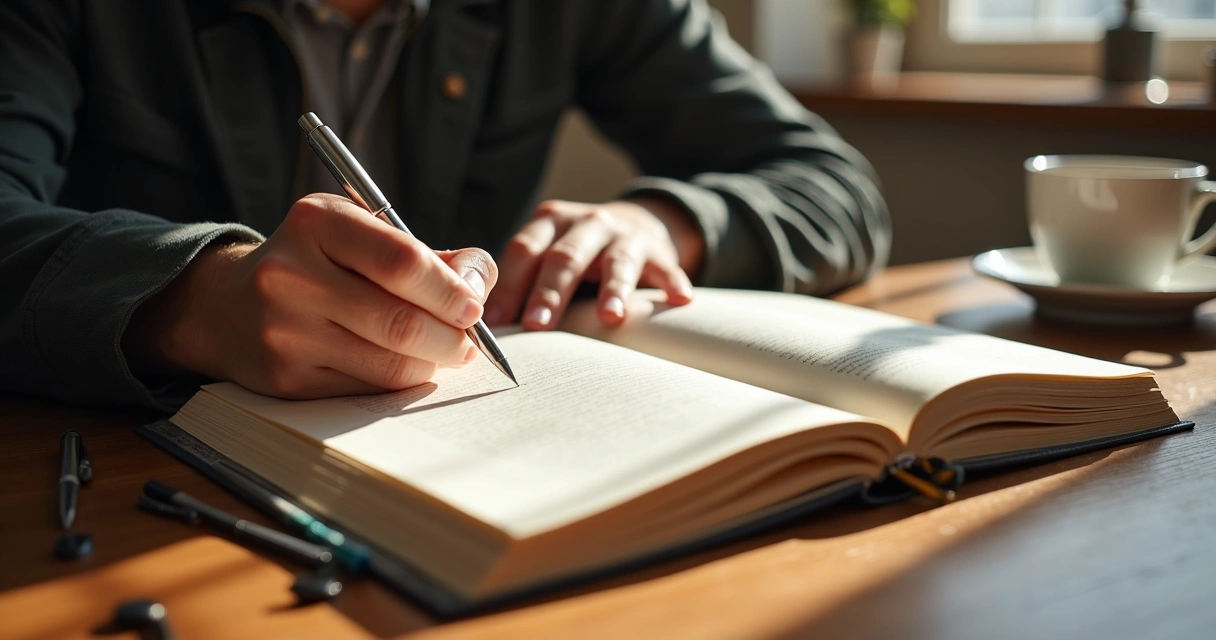 Pessoa escrevendo anotações reflexivas em caderno aberto sobre mesa de madeira 