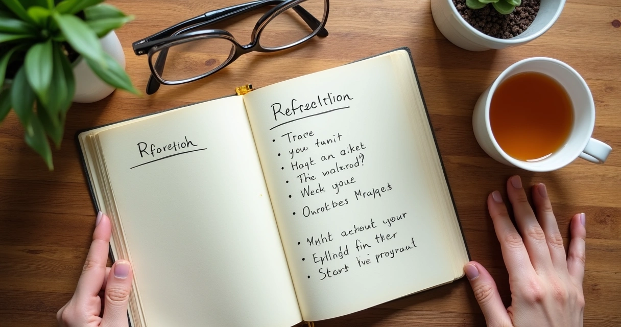 Caderno com anotações de reflexão e respiração ao lado de chá 