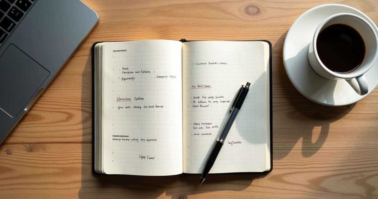 Caderno com anotações de carreira ao lado de xícara de café 