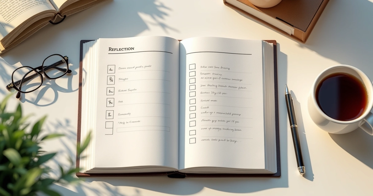 Caderno com anotações e checklist de reflexão diária 