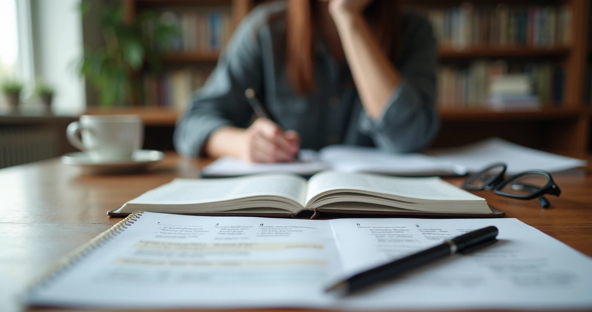 Caderno com anotações e pessoa refletindo à mesa