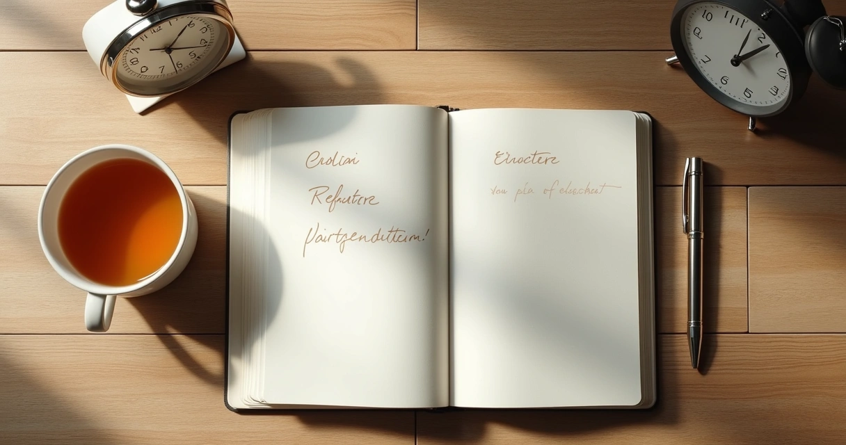 Caderno com anotações de reflexão ao lado de uma xícara e relógio