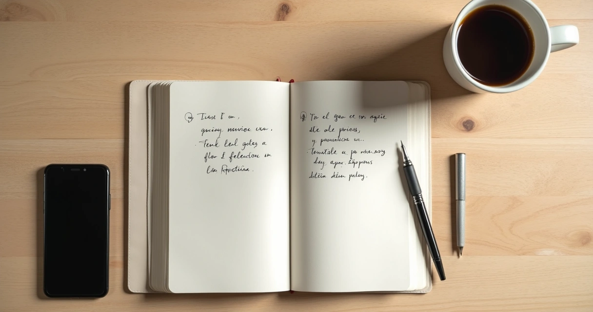 Caderno com anotações curtas e café sobre mesa clara