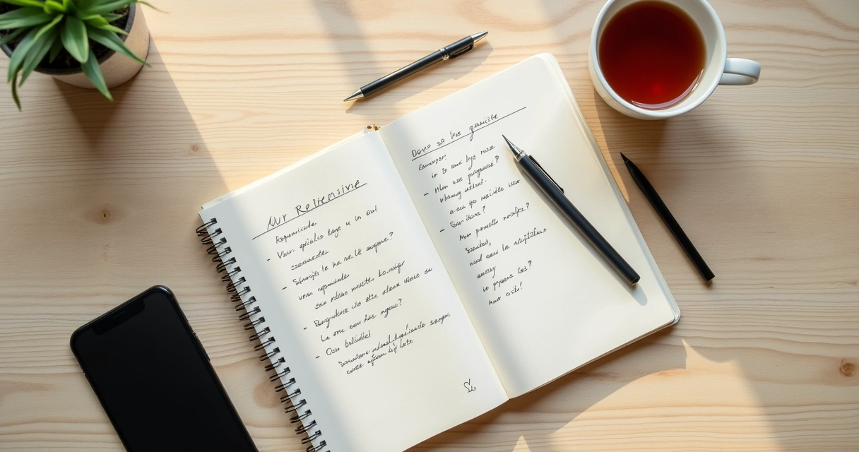 Caderno com anotações de reflexão e caneta sobre mesa clara 