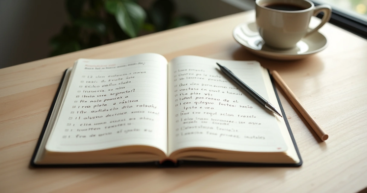 Caderno com perguntas de reflexão e xícara sobre mesa clara 