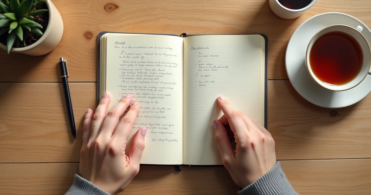 Caderno com anotações e mãos em pausa para reflexão
