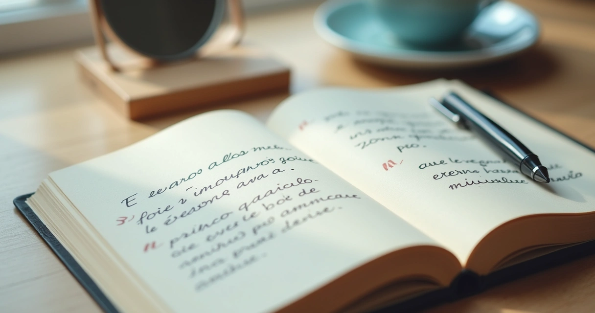 Caderno com anotações emocionais ao lado de espelho pequeno