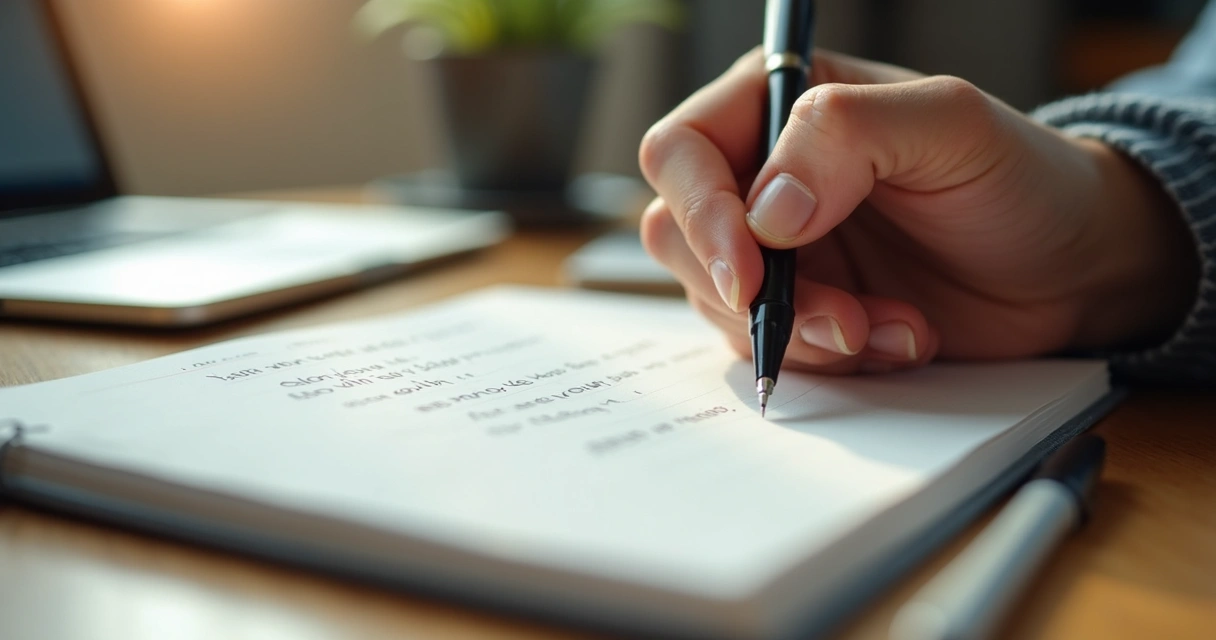 Pessoa escrevendo reflexões em um caderno em ambiente de trabalho