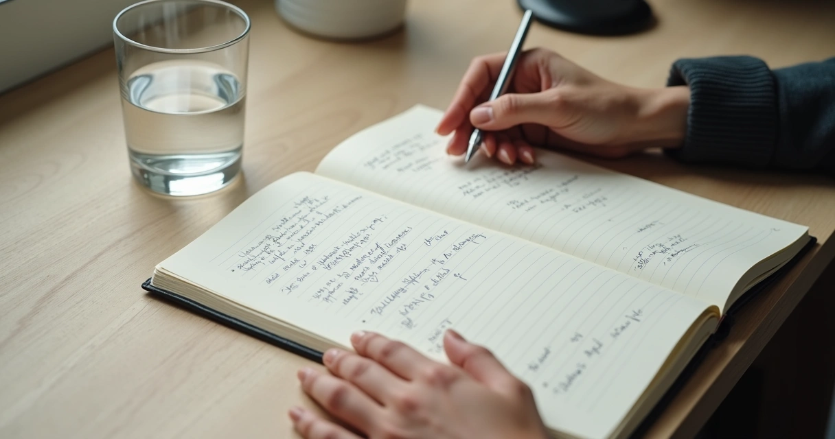 Caderno com anotações e mãos sobre mesa 