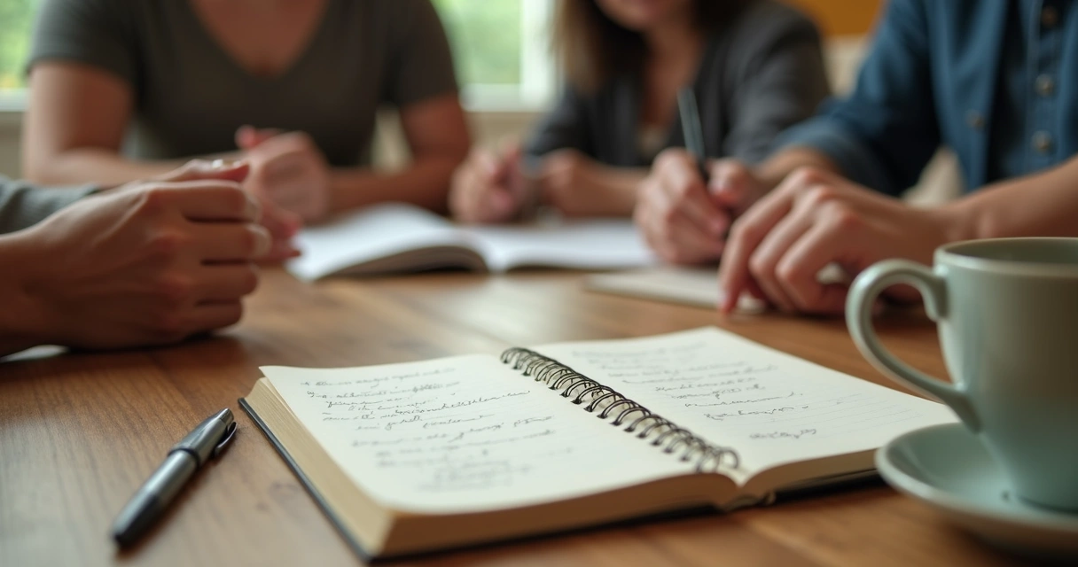 Caderno com anotações durante reunião de grupo