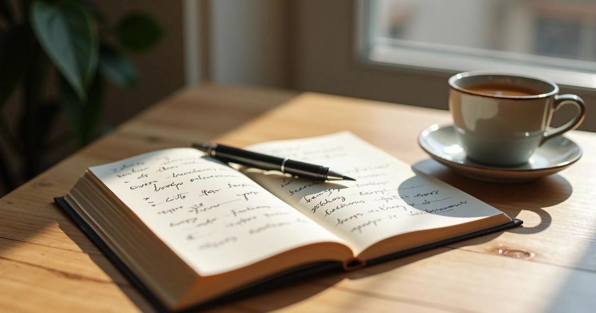 Caderno com anotações ao lado de uma xícara e janela com luz suave 