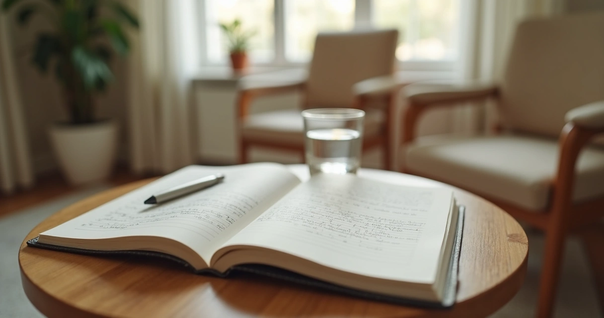Caderno com anotações ao lado de cadeira em sala terapêutica 