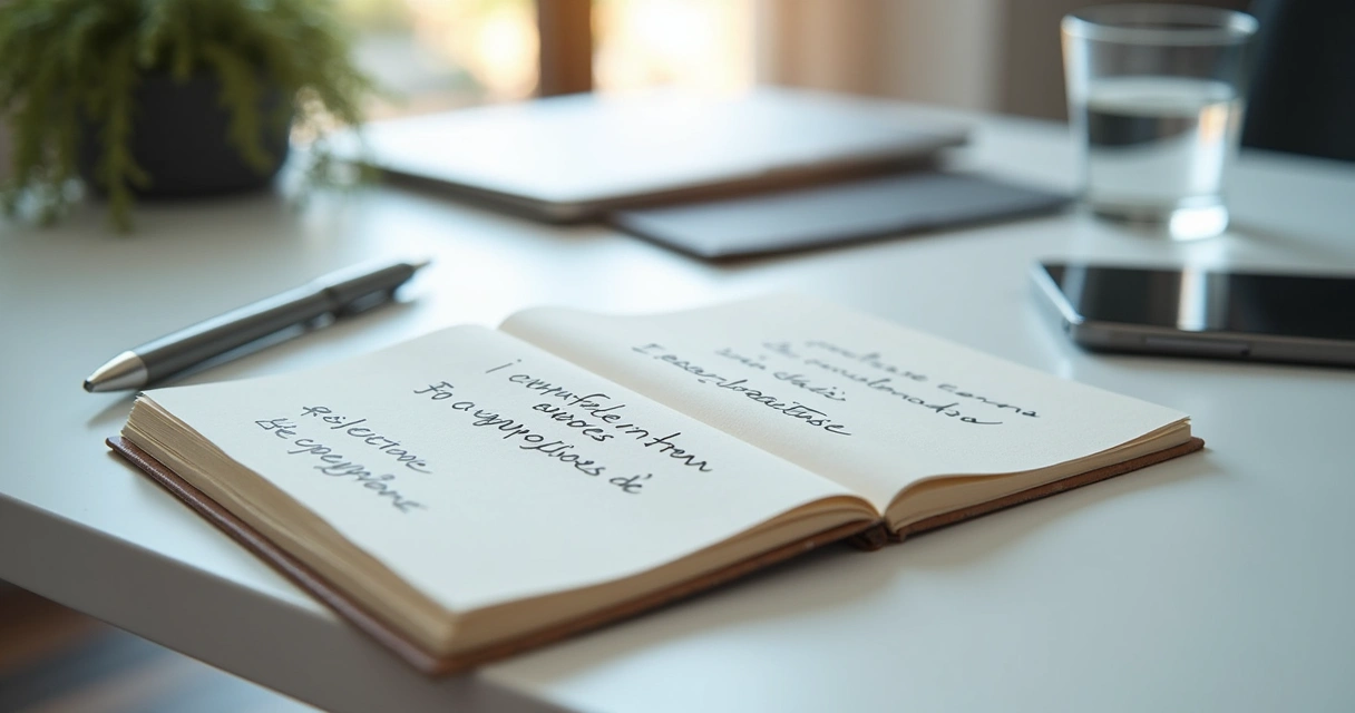 Caderno com anotações de reflexão ao lado de notebook no trabalho 