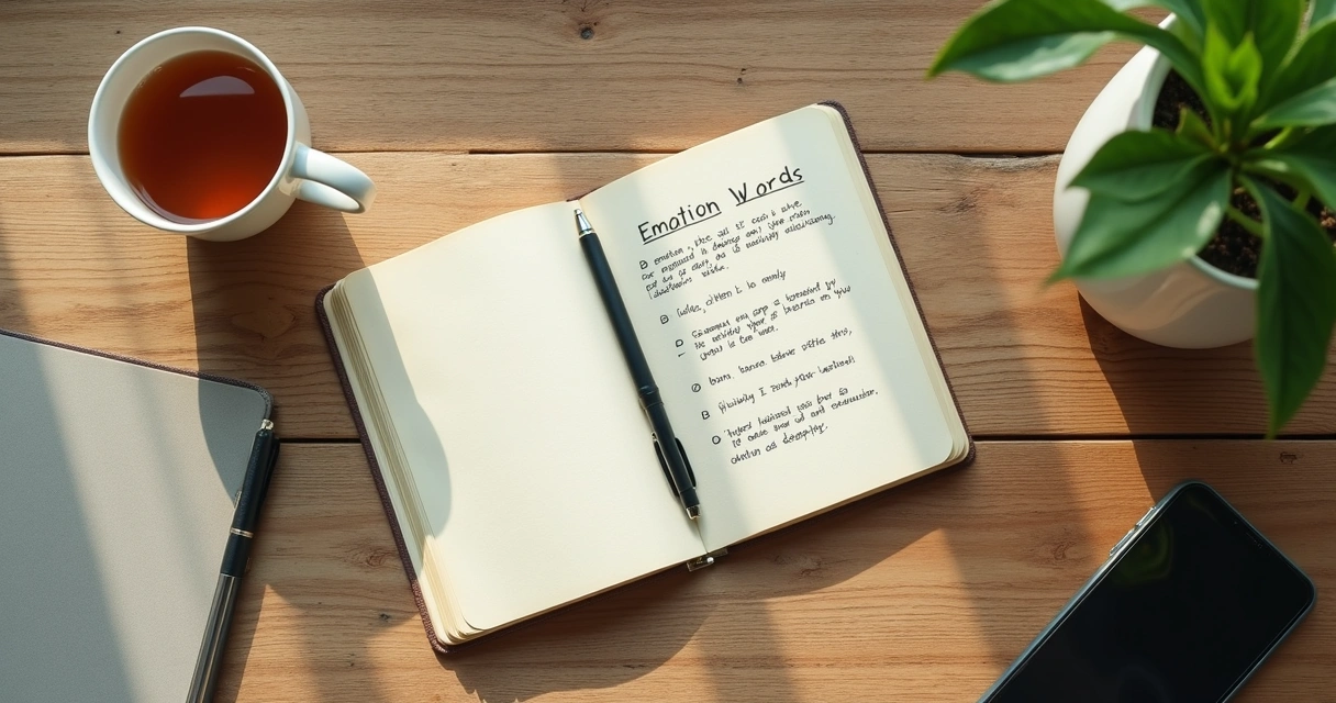 Caderno com anotações emocionais e xícara sobre mesa