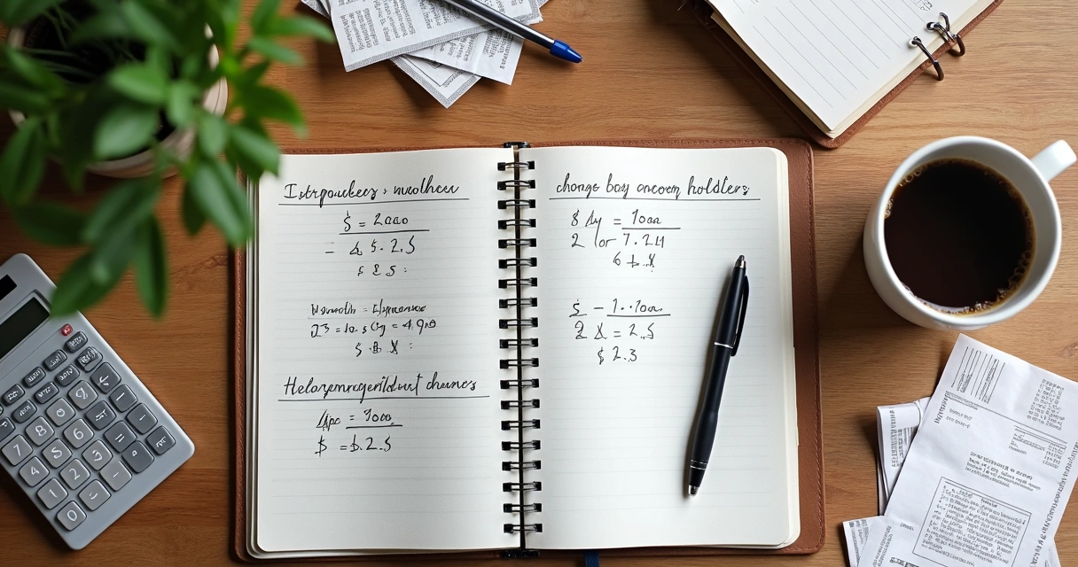 Mesa com caderno e notas onde aparecem cálculos de despesas e reserva de emergência 