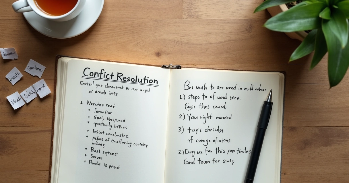 Caderno com anotações sobre resolução de conflitos em uma mesa 