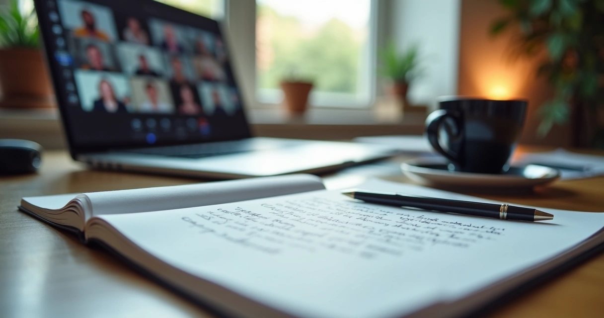 Caderno com anotações diante de reunião online em ambiente de trabalho 