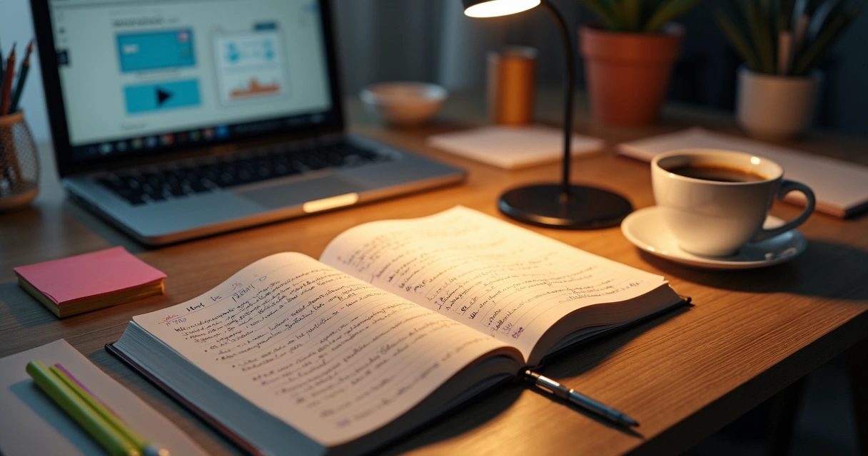 Caderno com anotações, marcações e calendário de estudos na mesa 