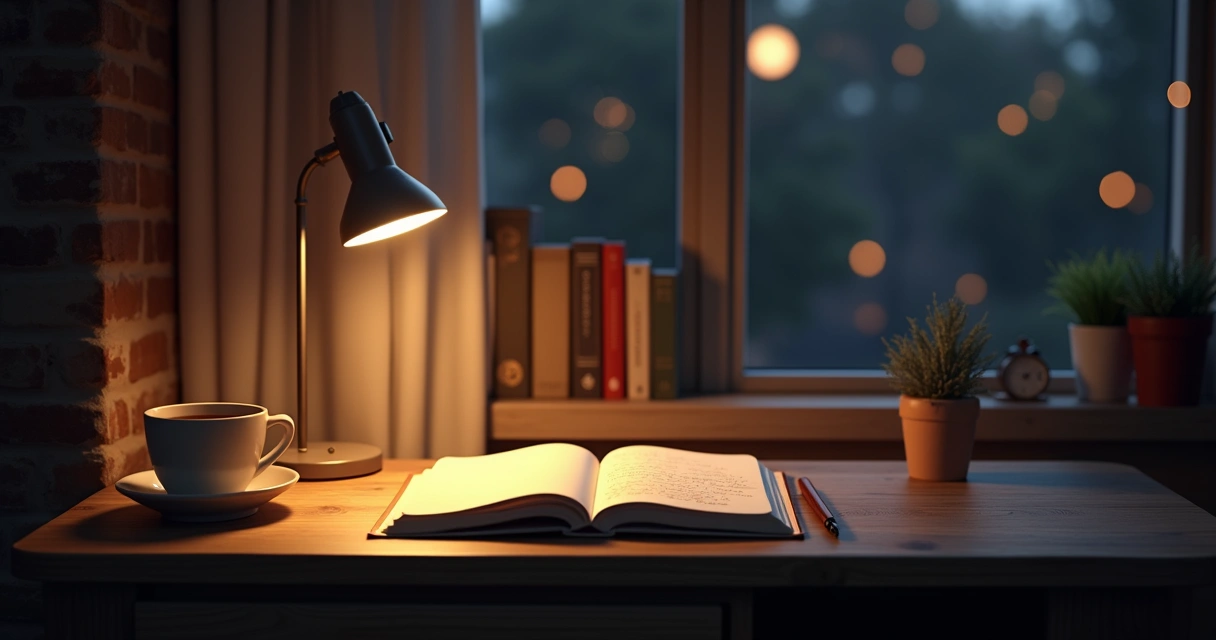 Caderno aberto com anotações escritas à mão e caneta sobre a mesa, luz suave no ambiente noturno 