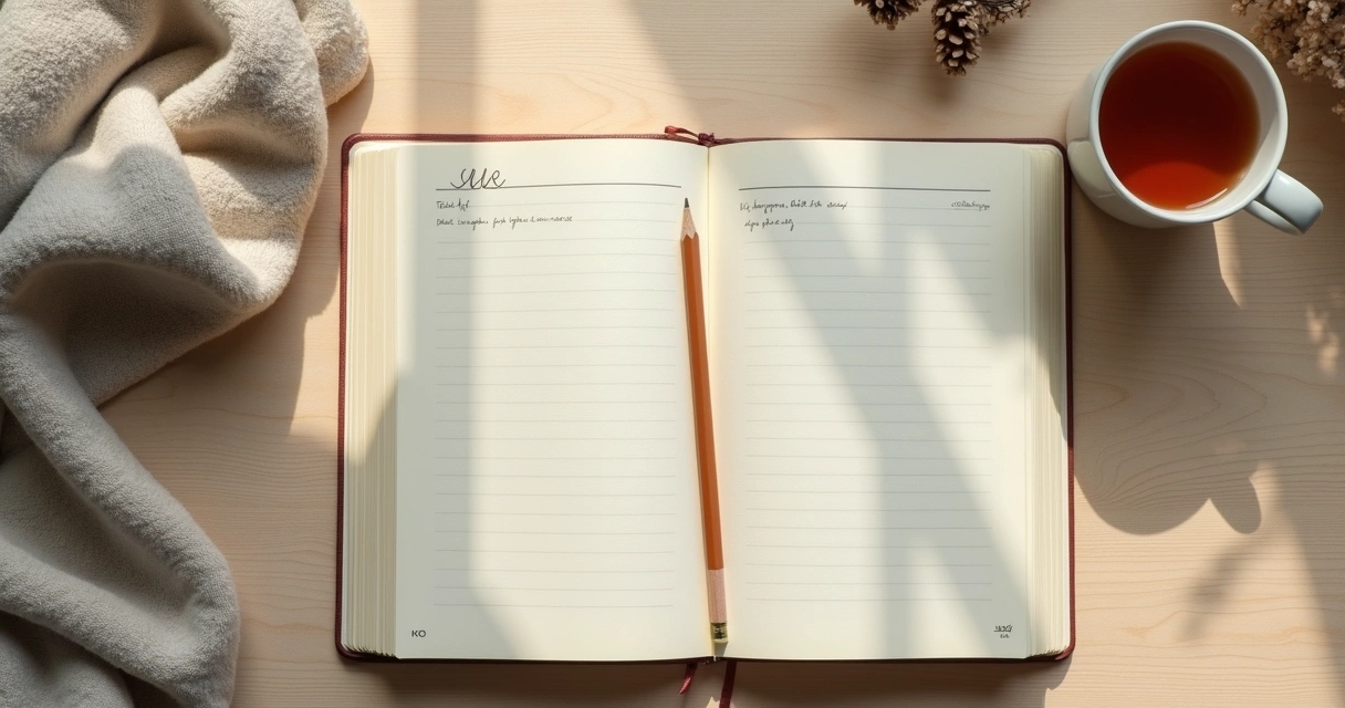 Caderno com anotações simples ao lado de chá e janela iluminada 