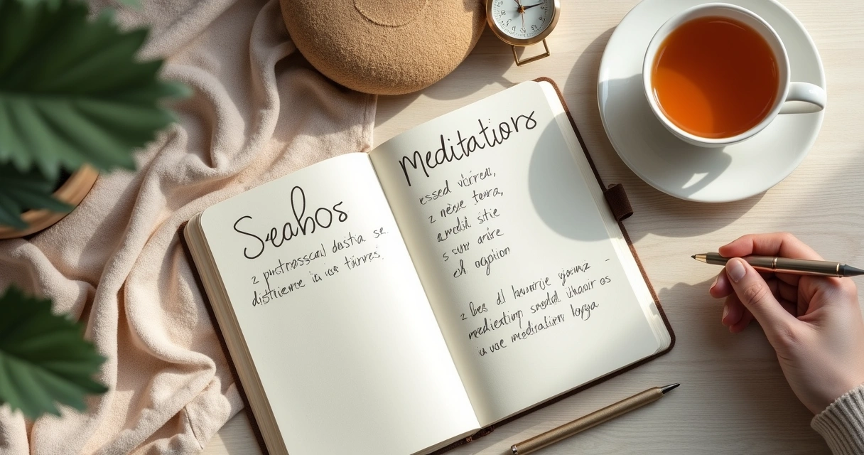 Caderno com rotina de meditação ao lado de xícara e almofada