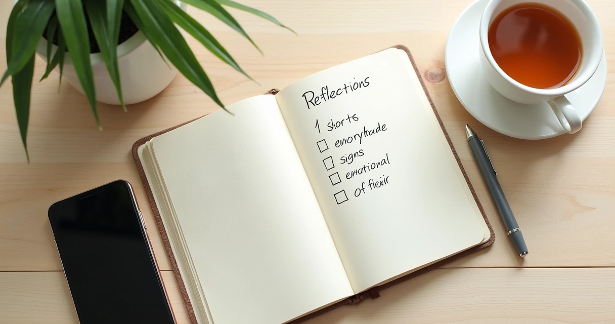 Caderno com anotações e xícara ao lado em mesa clara 
