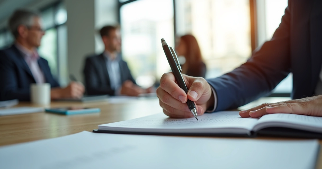 Pessoa anotando em um caderno enquanto observa ambiente de trabalho 