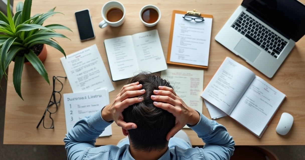 Mesa de trabalho com anotações, café e mãos na cabeça