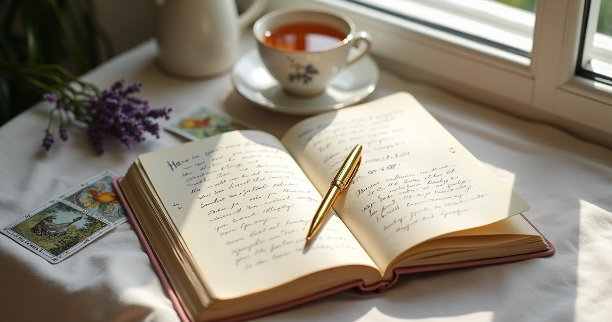 Caderno feminino aberto com anotações, caneta dourada, cartas de tarot ao lado e uma xícara de chá 