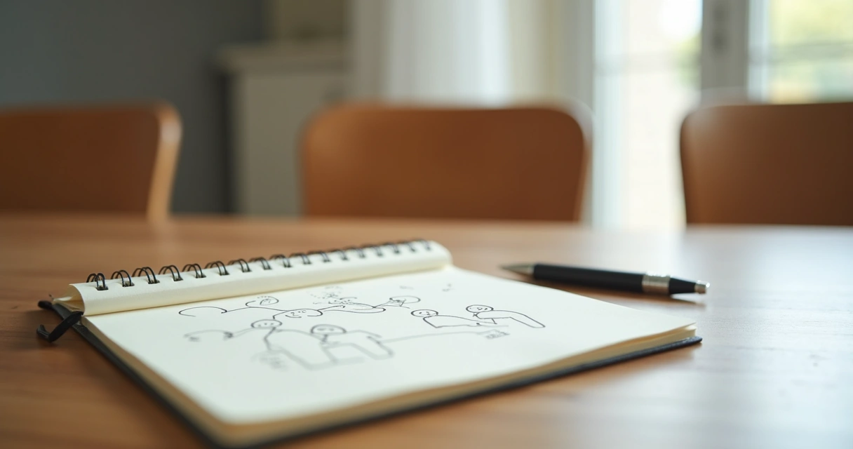 Caderno com anotações e símbolo de relações familiares