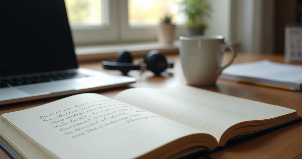 Caderno com anotações ao lado de notebook em home office