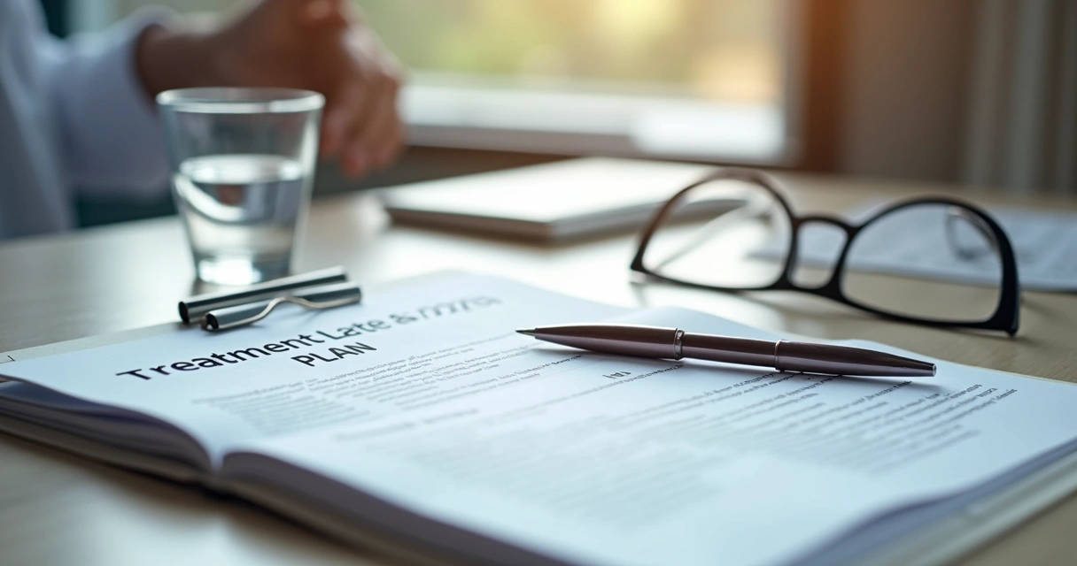 Caderno com plano de tratamento em mesa de consultório