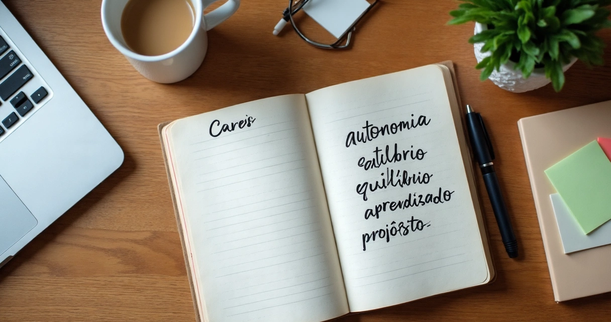 Caderno com lista de valores profissionais e planejamento de carreira