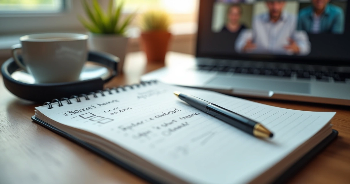 Caderno com anotações ao lado de notebook em chamada de vídeo 
