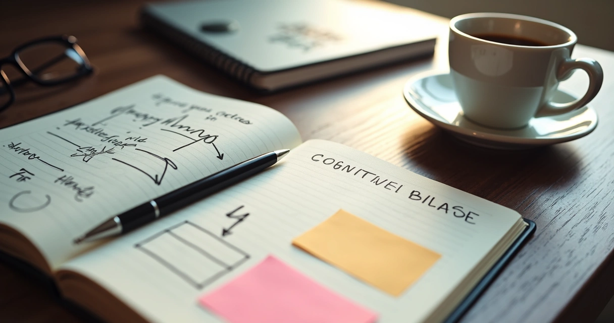 Caderno com anotações sobre vieses cognitivos e post-its coloridos