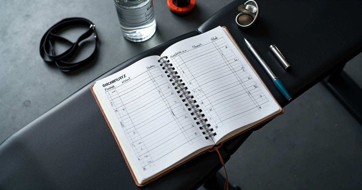 Caderno de treino com séries, cargas e repetições anotadas 