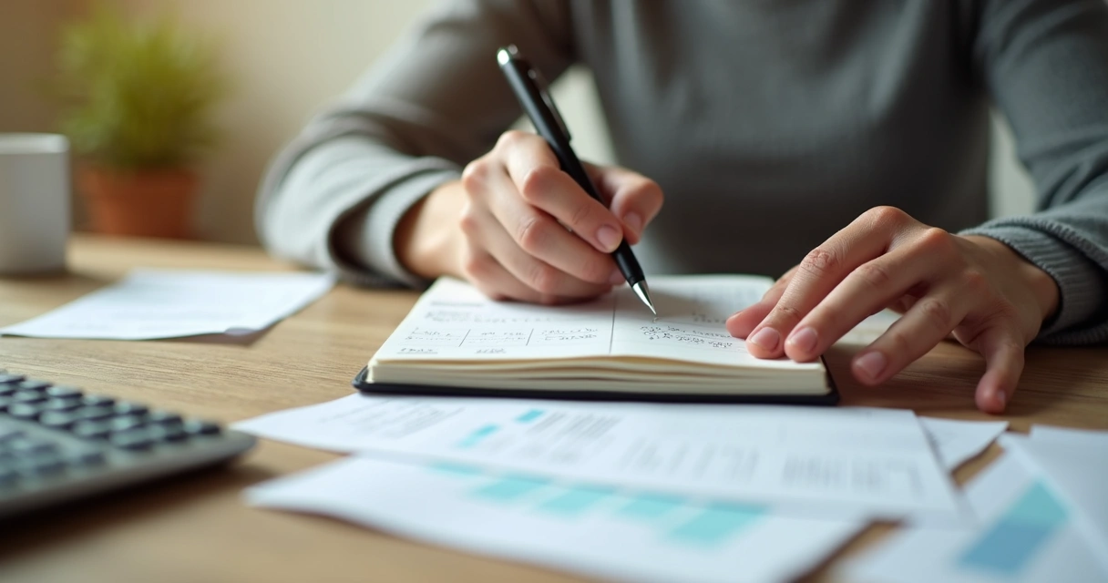 Pessoa anotando despesas em caderno com caneta e calculadora na mesa 