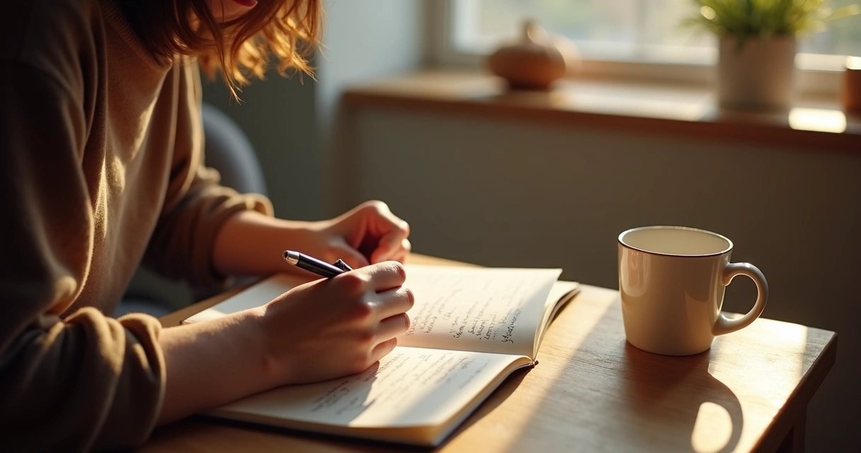 Pessoa sentada escrevendo emoções em um caderno simples