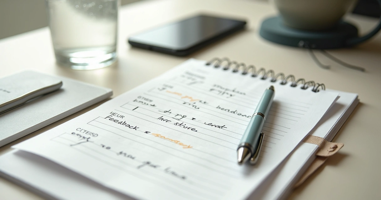 Caderno com anotações de feedback e copo de água na mesa